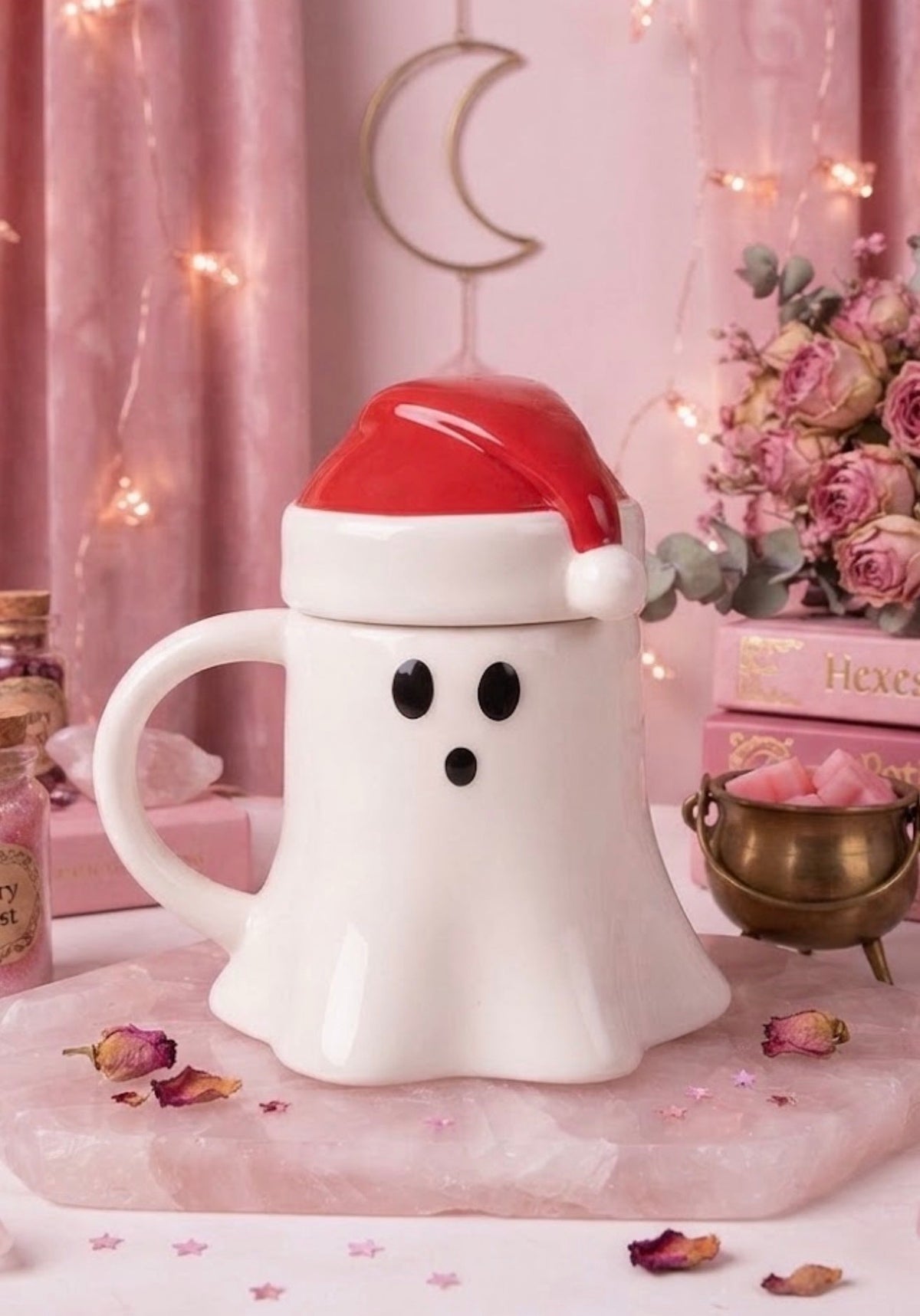 Spooky Christmas Ghost Mug with Santa Hat Lid